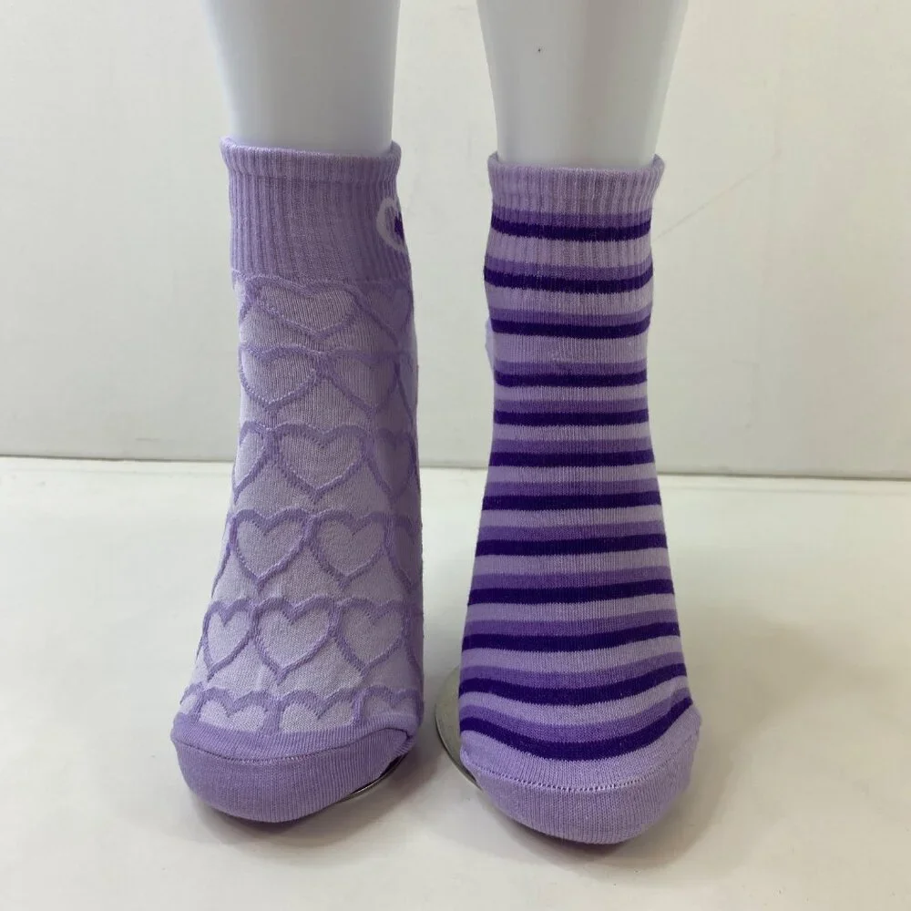 Womens Purple Heart & Striped Ankle Socks Set Of 2 Adorably Whimsical